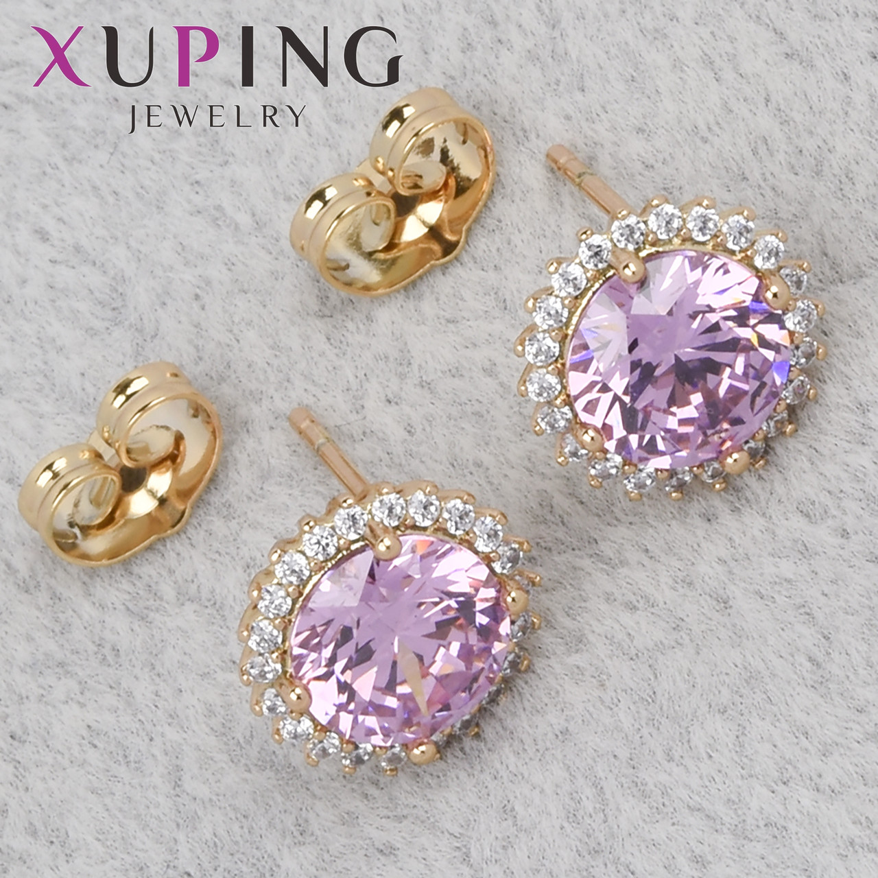 Серьги женские золотистого цвета Xuping Jewelry гвоздики пуссеты с розовыми кристаллами диаметр 11 мм - фото 1 - id-p2092947476