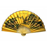 Веер бамбук с шелком в ассортименте (50 см) "Пейзаж на желтом фоне"