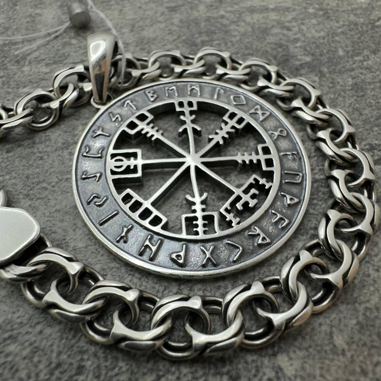 Чоловічий комплект кулон Агісхьяльм шолом страху із ланцюжком бісмарк срібло 925 проби чорніння