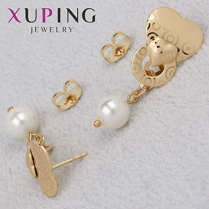 Серьги женские золотистого цвета Xuping Jewelry гвоздики пуссеты с узорами и жемчужинами диаметр 14 мм, фото 1