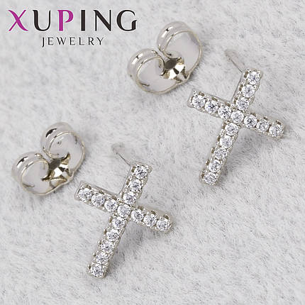Серьги пуссеты гвоздики серебристого цвета фирма Xuping Jewelry крестики с белыми стразами размер 13х10 мм, фото 1