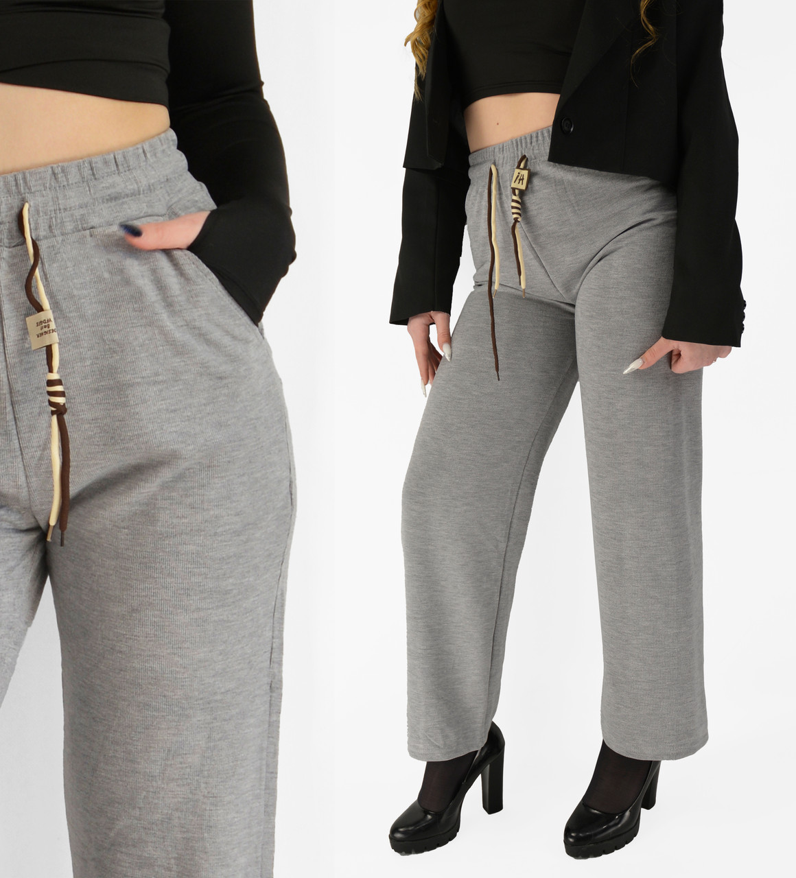 Жіночі трикотажні прямі штани Kenalin Штани палацо в рубчик Сірий колір 2XL-3XL