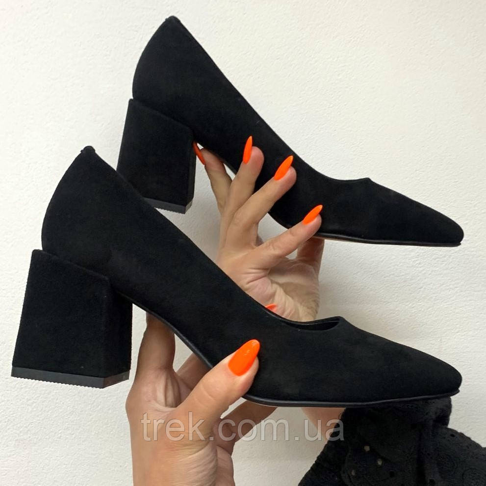 Туфлі на каблуку жіночі замшеві чорні /23069/ 39р, фото 1
