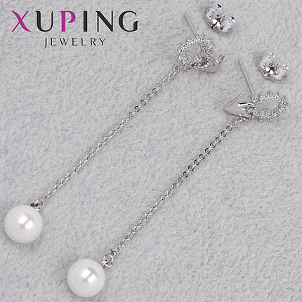 Серьги пуссеты гвоздики серебристого цвета фирма Xuping Jewelry кристаллы с висюльками размер 9х70 мм, фото 1
