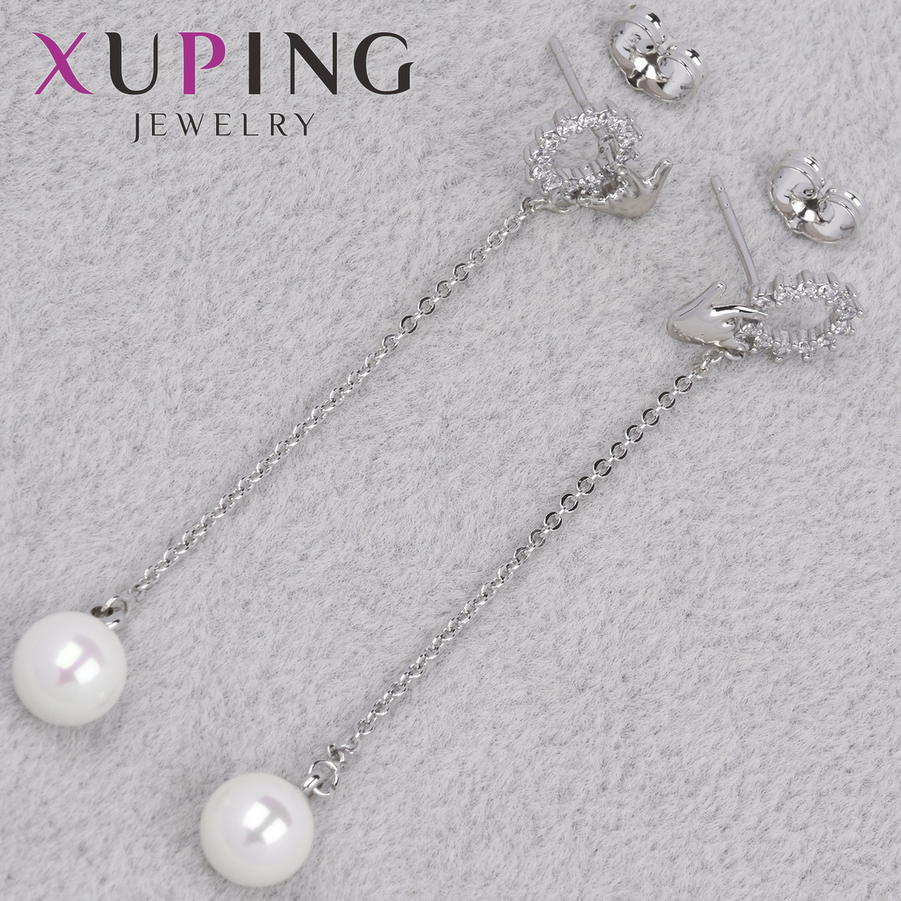 Серьги пуссеты гвоздики серебристого цвета фирма Xuping Jewelry кристаллы с висюльками размер 9х70 мм - фото 1 - id-p2093010902