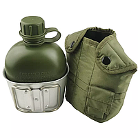 Фляга с чехлом и котелком армейская для воды 1 литр зеленная