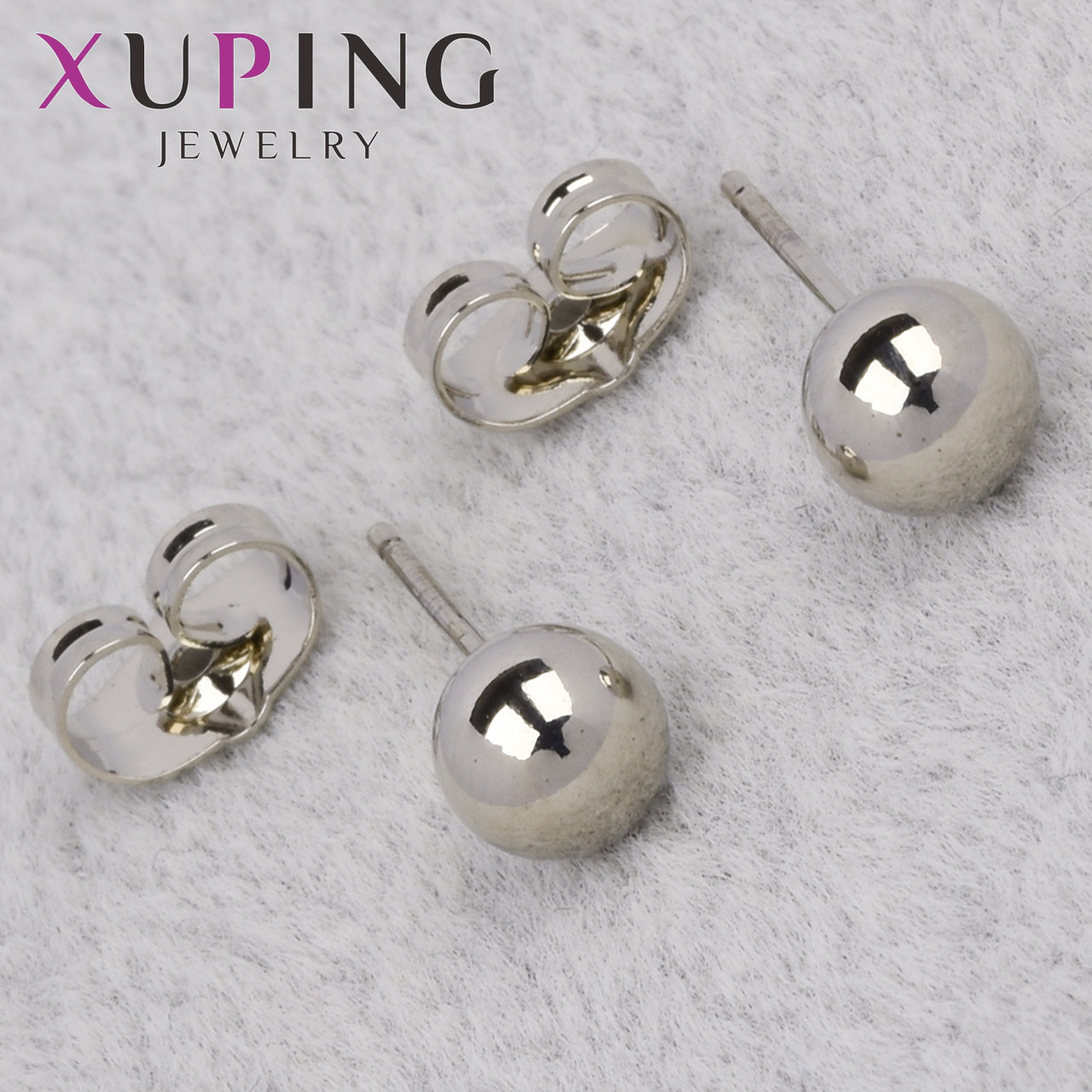 Серьги пуссеты гвоздики серебристого цвета фирма Xuping Jewelry шарики размер 6х6 мм