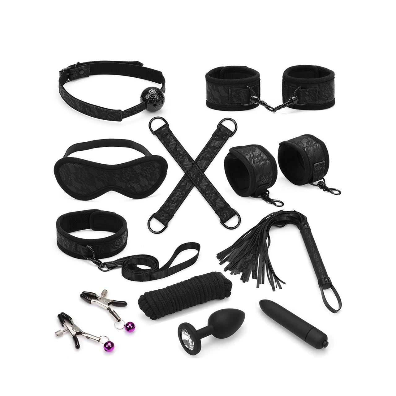 Набір Liebe Seele Black Lace and Neoprene 11pcs Bondage Kit, анальна пробка з кристалом, віброкуля Bomba💣, фото 1