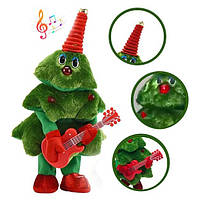 Игрушка Елка танцующая рождественская поющая плюшевая из Хлопка с гитарой для детей с батарейками Зеленая