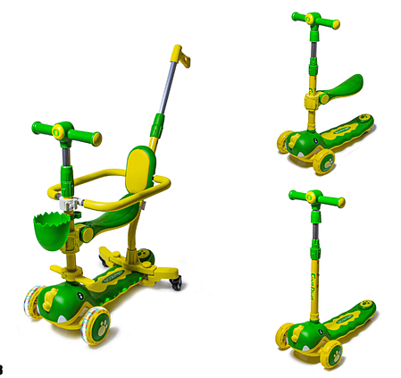 Самокат Scooter 5 в 1 "DINOSAUR 8103" для дітей з бортиком та батьківською ручкою з підсвічуванням і музикою., фото 1