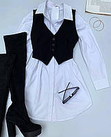 Женское короткое платье длинный рукав 2в1 комплект рубашка + жилетка черно-белая весна осень
