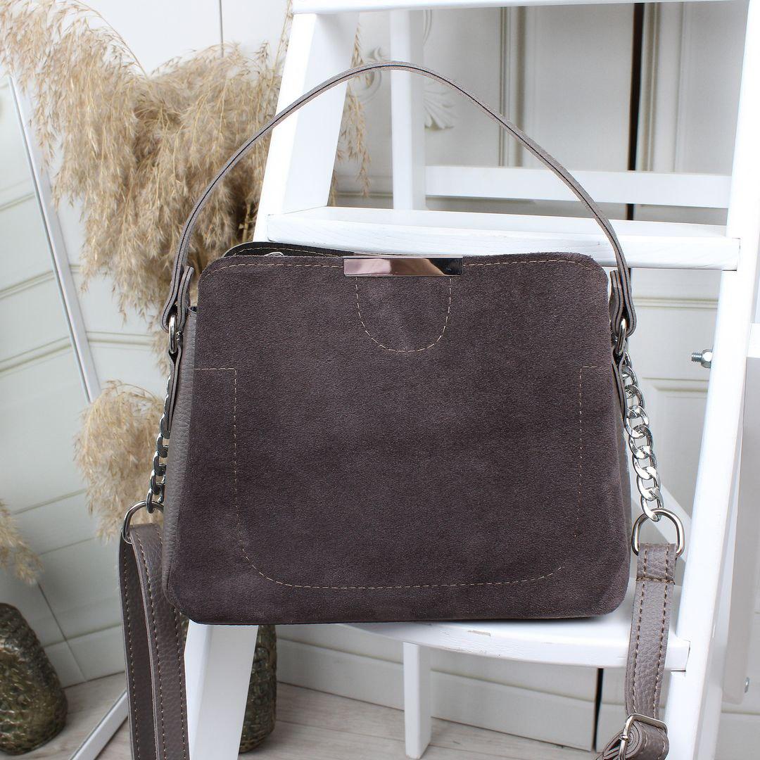 Невелика замшева жіноча сумочка через плече сумка капучино натуральна замша+кожзам