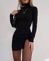 Жіноча витончена легка маленька сукня міні коротка довгий рукав з розрізом в обтяжку чорний