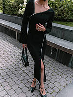 Женское длинное платье в обтяжку стильное на молнии с разрезом подчеркивает фигуру длинный рукав черный