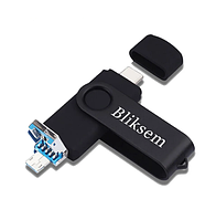 Флешка Bliksem USB 2.0 OTG 64 ГБ металлическая скоба (3в1) USB + Type-C + USB micro Black