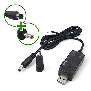 Кабель USB з перетворювачем напруги 5v > 9v або 12v (1A) розʼєм 5.5х2.5 мм + перехідник (для роутера)