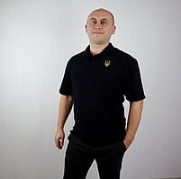 Чоловіча футболка Поло з вишивкою Тризуб тканина Лакоста, футболка вишивка, футболка поло вишита, футболка з вишиванкою
