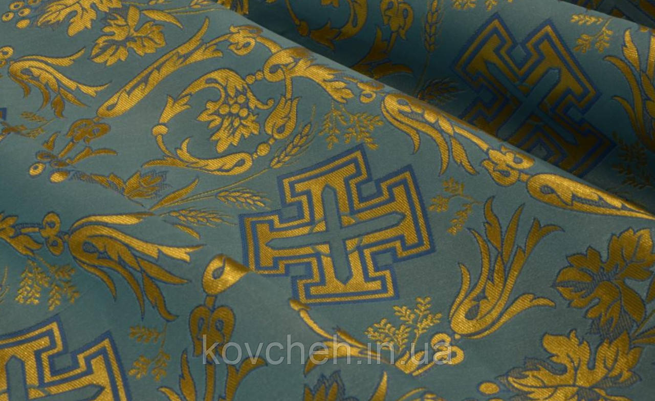 Шовкова церковна тканина Кана блакитний з золотом