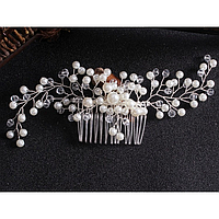 Шпилька - гребінець для волосся, з перлами та кристалами, срібло, 6,5х22 см
