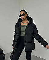 Женская куртка зима с капюшоном стильная трендовая базовая черный, серый, бежевый