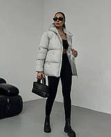 Женская куртка зима с капюшоном стильная трендовая базовая черный, серый, бежевый Сірий