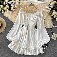 Женское классическое приталенное платье длинный рукав пышный низ белый, черный, фрез, бутылка