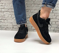 Мужские зимние кроссовки Nike Air Force 1 Low, натуральная замша, (с мехом), черный, Китай