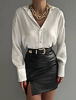 Жіночий спідничний двоколірний класичний, діловий костюм 2-ка (спідниця з еко-шкіри + сорочка) Чорно білий костюм.