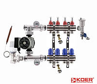 Коллектор для теплого пола KOER(латунь) в сборе с насосом (4 контура)