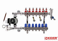 Коллектор для теплого пола KOER(латунь) в сборе с насосом (7 контуров)
