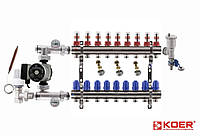 Коллектор для теплого пола KOER(латунь) в сборе с насосом (9 контуров)