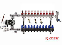 Коллектор для теплого пола KOER(латунь) в сборе с насосом (11 контуров)