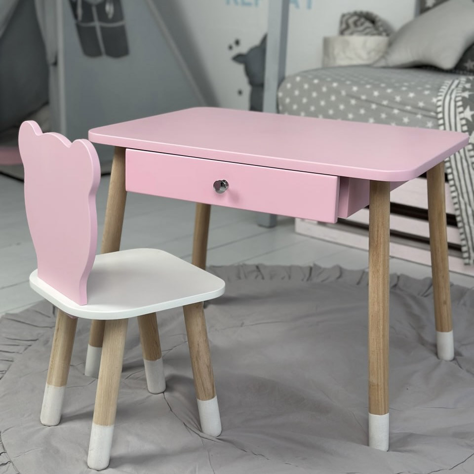 Дитячий столик і стільчик ведмедик рожевий. Столик із шухлядою для олівців і розмальовок