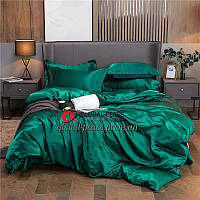 Атласное Зеленое Полуторное постельное белье Moka Textile и Дополнительные Черные наволочки 2 шт