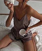 Женская шелковая пижама с шортами.Комплект для сна.Пижама шорты+майка.Домашний шелковый костюм 2-ка Мокко, 44/46