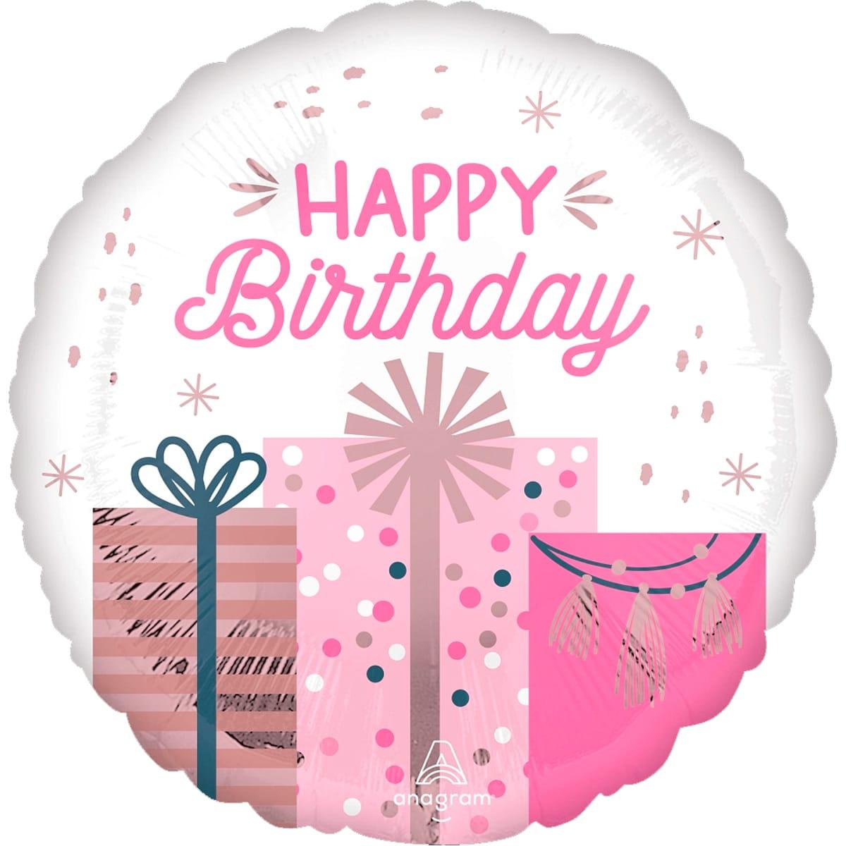 Фольгована кулька круг "Happy Birthday подарунки " кольорова Anagram 18"(45см) 1шт.