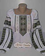 Женская вышиванка на домотканому полотне, машинная вышивка, " Кружево" в оливковом цвете