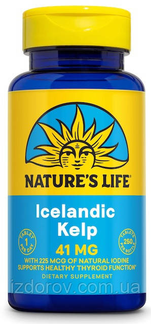 Келп 225 мкг Nature's Life Icelandic Kelp ісландська бура водорість 250 таблеток