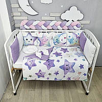 Комплект постельного с одеялом-косичкой и бортиками на 4 стороны 120х60 см - Веселые звездочки фиолетовые