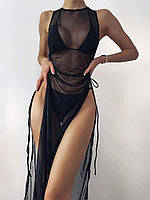 Комплект 3в1: женский раздельный купальник бикини + платье из сетки черный