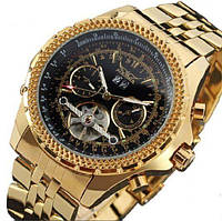 Часы наручные Мужские механические золотые с черным Jaragar Exclusive Toyvoo Годинник наручний Чоловічий