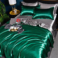 Атласное зеленое Полуторное постельное белье Moka Textile и Дополнительные Серебряные наволочки 2 шт