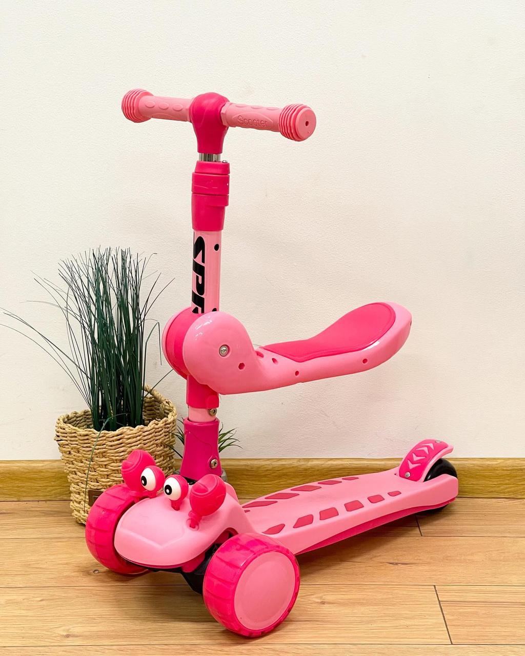 Самокат 3-колісний, Краб, 3в1, із сидінням, складаним, PU-світло, рожевий, фото 1