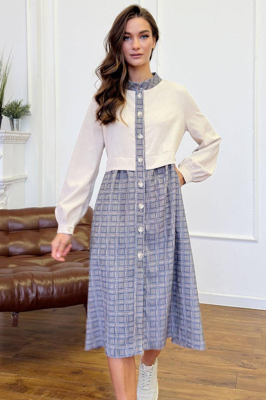 Комбінована вельветова сукня з планкою вільного крою 44-50 розміри бежева, фото 1