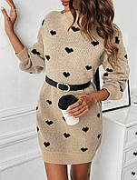 Женское теплое платье-туника из пряжи мопак в сердечки размер универсальный 42-46