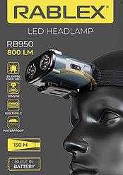 Ліхтар налобний Rablex RB950, червоне + біле світло, 2*XPL+16*COB+1*RED COB, акум, Type-C