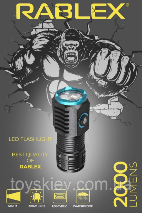 Ліхтар ручний Rablex RB902, Li-ion 18350, Zoom, ЗП Type-C,, фото 1