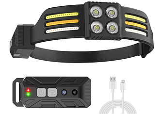 Ліхтар налобний PL-173, 4*LED+3*COB, (Червоний + Білий + Жовтий), ЗП Type-C, Сенсор