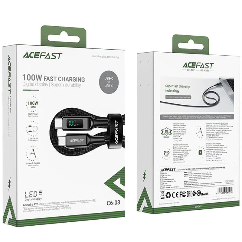 Дата кабель Acefast C6-03 USB-C to USB-C 100W zinc alloy digital display braided (1m) FIL - фото 5 - id-p2093530098