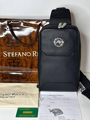Нагрудна сумка Stefano Ricci Black Leather White Metal Logo